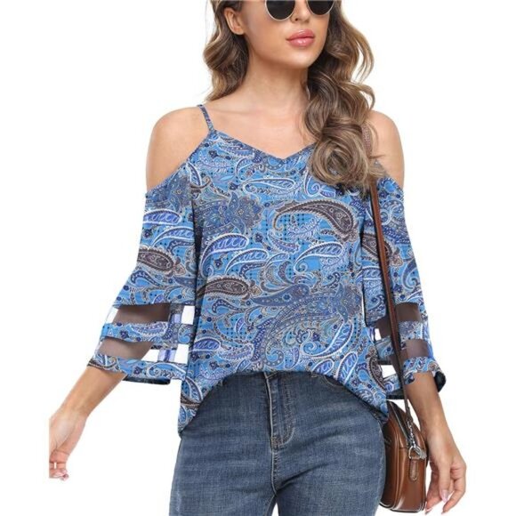 Boho Paisley Printed Mesh Panel 3/4 Bell Sleeve Off Shoulder Flowy‎ Top Blouse - Picture 2 of 5
